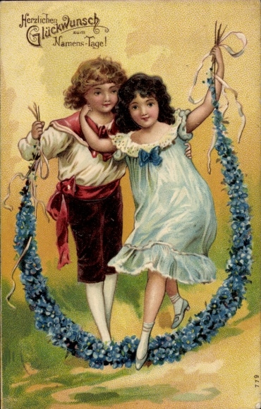 Embossed Postcard Congratulations Name Day, Children, Flowers