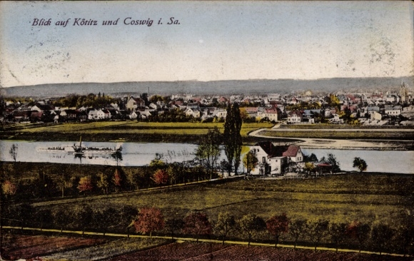 Postcard Kötitz Coswig in Saxony, city view, river, hill,