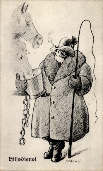 Künstler Ak Stanke, Hilfsdienst, Frau als Kutscher, Mantel, Peitsche, Zigarette, 1. WK