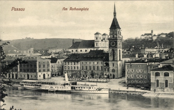 Postcard Passau in Lower Bavaria, Town Hall Square, Steamship