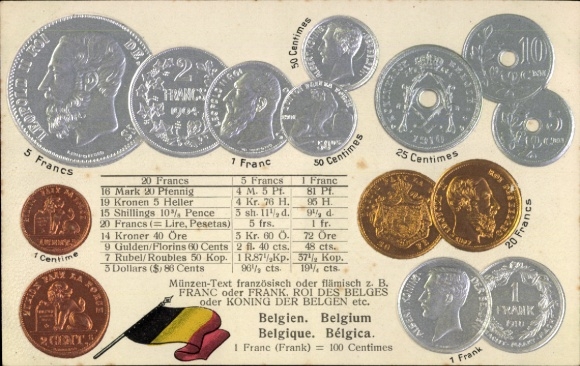 Präge Ak Belgien, Fahne, Münzen, Währung