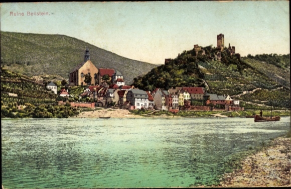 Postcard Beilstein on the Moselle, ruins, vineyards, river, small houses, church