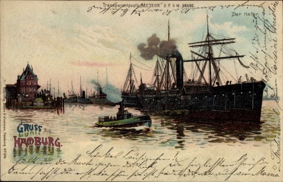 Halt gegen das Licht Litho Hamburg, Dampfschiff im Hafen
