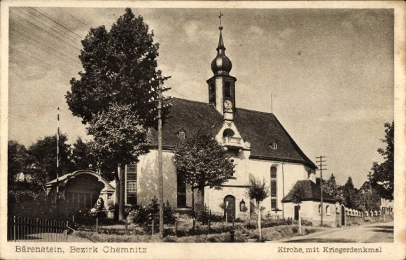 Ak Bärenstein im Erzgebirge, Kirche mit Kriegerdenkmal