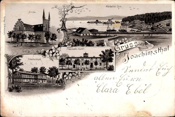 Chromo-Litho Joachimsthal, Werbellinsee, Hubertusstock hunting lodge, church, preparatory institute