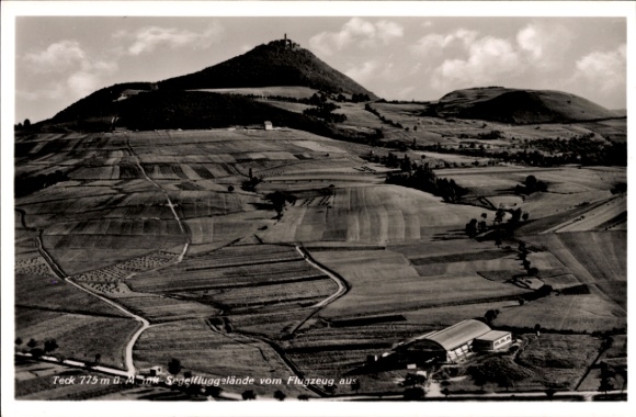 Postcard Owen unter Teck Württemberg, Teck Castle, gliding site, aerial photograph