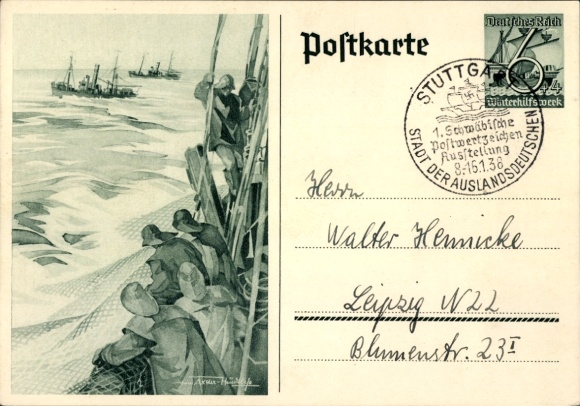 Postal stationery Postcard Axster Heudtlaß, fishermen on the high seas, fishing boats