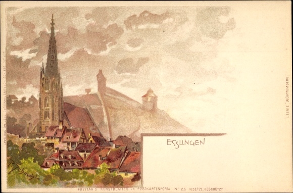 Artist Chromo-Litho Schmohl, P., Esslingen am Neckar Baden Württemberg, view of the church