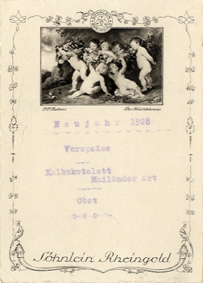 Menu card, Söhnlein Rheingold, New Year 1928, Rubens, The fruit wreath