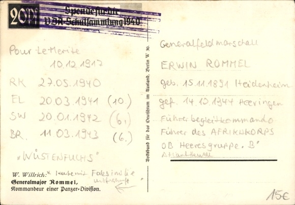 Artist Postcard Willrich, Wolfgang, Major General Rommel, Knight's Cross recipient, Panzer Division, VDA
