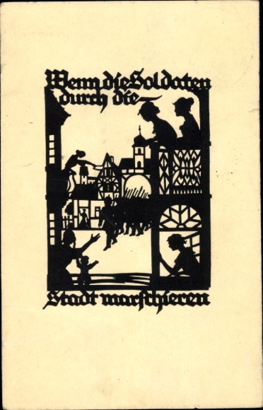 Paper cut artist Postcard Schwindt, AM, When the soldiers march through the city