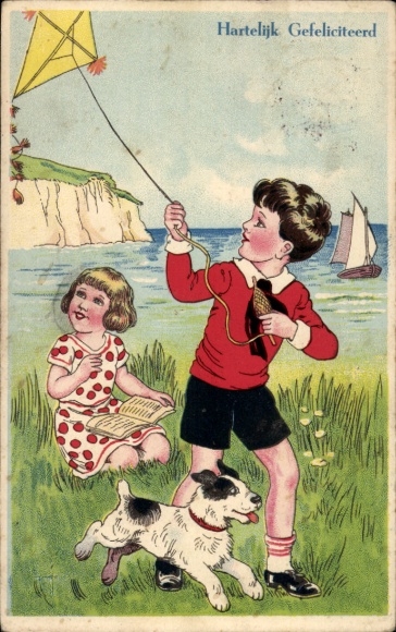 Artist Postcard Congratulations, boy and girl flying a kite, dog