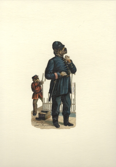 Oblate "Dignity and Impudence", dog in police uniform, monkey in human clothes, approx. 15 x 8 cm
