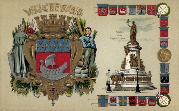 Wapenschild in reliëf Ak Paris III., Stad Parijs, Standbeeld van de Republiek