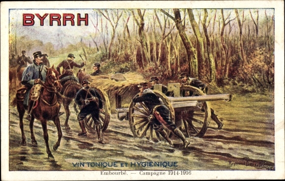 Artist PC advertising, Byrrh Vin Tonique, French soldiers with guns in the mud
