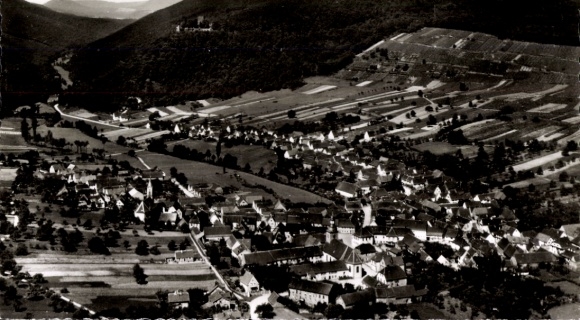 Postcard Klingenmünster on the Palatinate Wine Route, aerial view of Klingenmünster, vineyards, houses, La