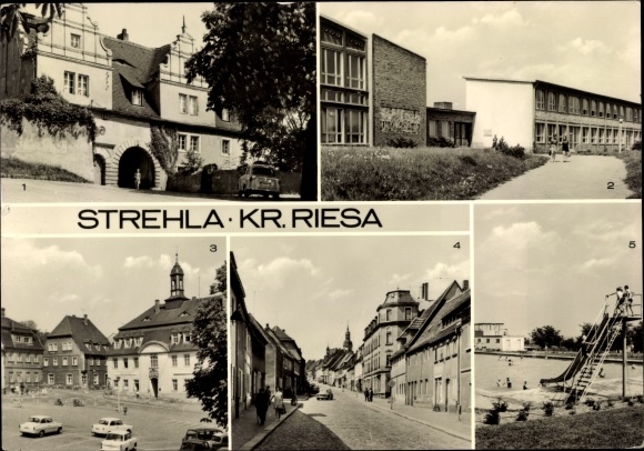 Postcard Strehla on the Elbe Saxony, gatehouse of the castle, Erich Weinert high school, town hall, swimming pool