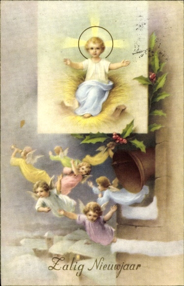 Postcard Happy New Year, angel, holly, Jesus as a child