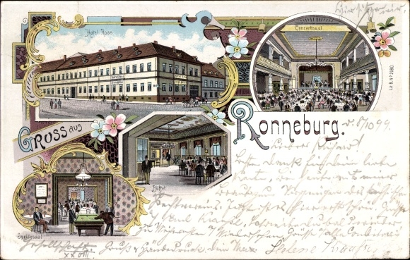 litho Ronneburg in Thüringen, Hotel Rose, concertzaal, biljart