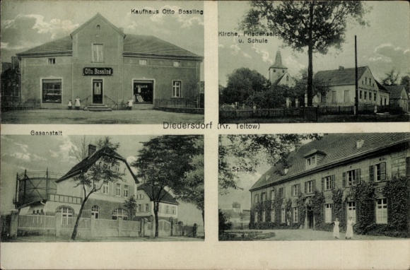Ak Diedersdorf Vierlinden in Brandenburg, Kirche, Schule, Friedenseiche, Kaufhaus Otto Bossling