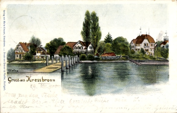 Artist Postcard Kressbronn am Bodensee, villas on the shore, jetty