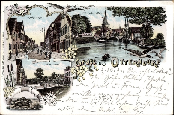 Litho Otterndorf an der Niederelbe, Hafen, Marktstraße, Villenstraße