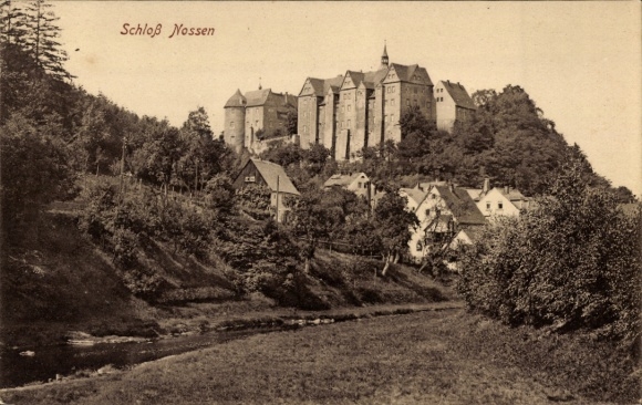 Postcard Nossen in Saxony, several buildings, including a castle on a mountain. In the foreground...
