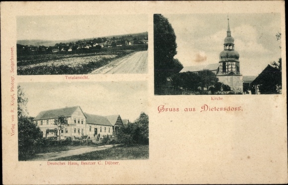 Postcard Dietersdorf Südharz, church, inn Deutsches Haus, total view