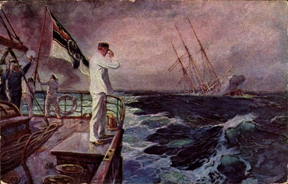 Artist Postcard Bohrdt, Hans, The last greeting, Lieutenant Commander Hellmuth von Mücke, SMS Emden, SMS Ayesha