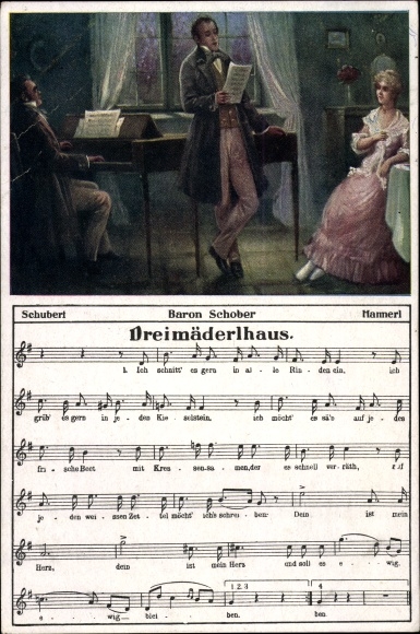 Song artist Postcard Vogt, Ernst, Schubert, Hannerl, Baron Schober, Dreimäderlhaus