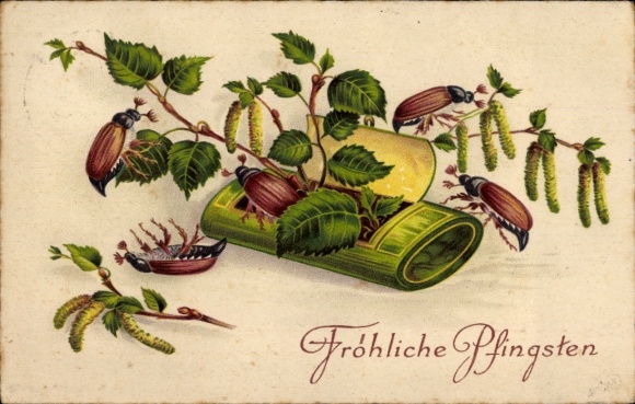 Chromo-Litho congratulations, Pentecost, cockchafer, birch branches