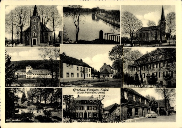 Postcard Roetgen in the Eifel, border crossing point, forestry department, filter house dam, monastery