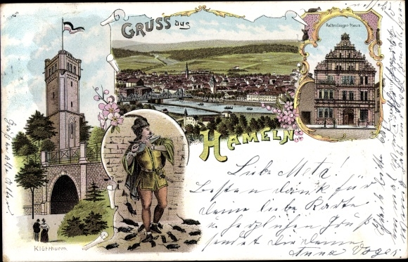 litho Hameln in Nedersaksen, rattenvangerhuis, Klütturm, algemeen beeld