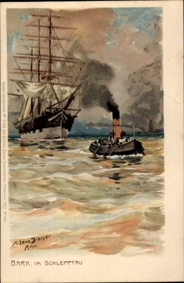 Artist Chromo-Litho Diemer, Zeno, Bark brought upstream by tugboat