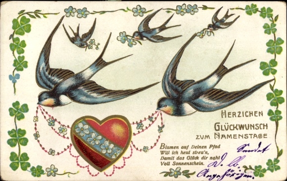 Postcard Congratulations on your name day, two swallows with heart, clover