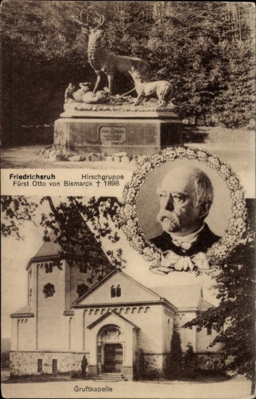 Postcard Friedrichsruh Aumühle in Lauenburg, deer group, crypt chapel, portrait of Bismarck