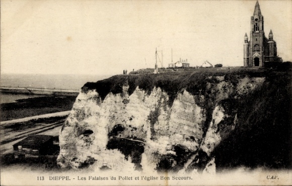 Ak Dieppe Seine Maritime,  Klippen, Kirche Bon Secours, Schwarz-Weiß-Foto