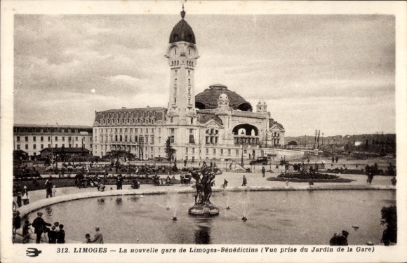 KP Limoges Haute Vienne, stacja kolejowa Limoges-Bénédictins, fontanna, widok na ogród, architektura