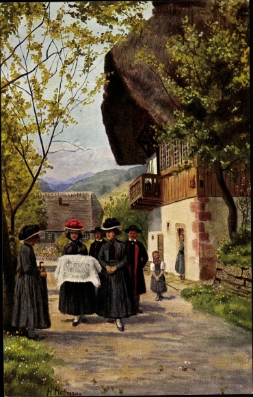 Kunstenaarskaart Hoffmann, H., kinderdoop, vrouwen in Zwarte Woud-kostuum, Berghaus