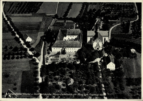 Postcard Dettelbach am Main Lower Franconia, Franciscan monastery, pilgrimage church, aerial photograph