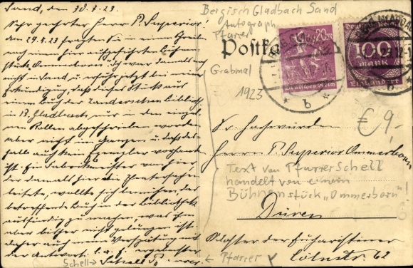 PC Bergisch Gladbach North Rhine Westphalia, correspondence from Pastor Schell, autograph