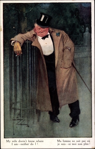 Artist Postcard Wood, L., drunk man on the way home, cigarette
