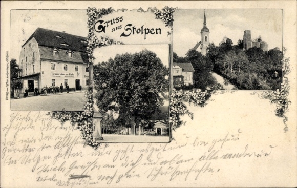 Postcard Stolpen in Saxony, partial views, inn, church, castle