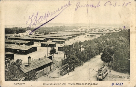Postcard Gießen an der Lahn Hesse, general view of the prisoner of war camp, barracks, tram