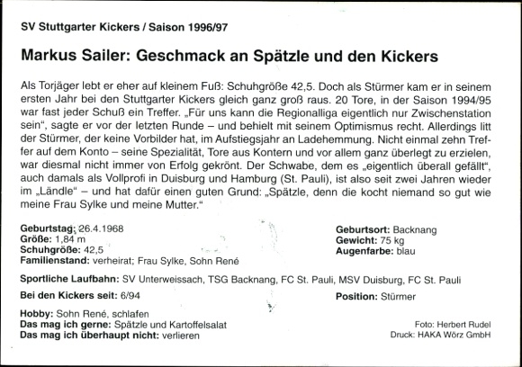 Karta autografu piłkarza Markusa Sailera, SV Stuttgarter Kickers, autograf