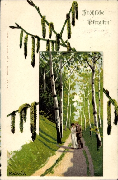 Artist Chromo-Litho Mailick, Congratulations Pentecost, couple in a birch avenue