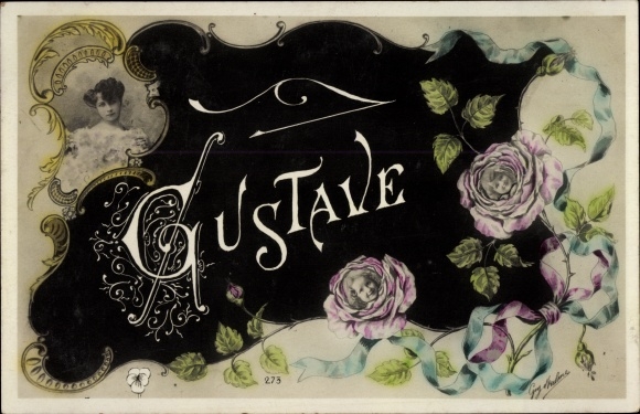 Letters Postcard first name Gustave, portrait of a woman, roses