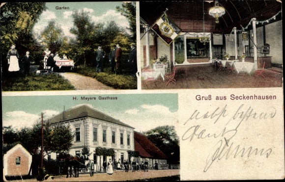 Postcard Seckenhausen Stuhr in Lower Saxony, H. Meyers Gasthaus, street view, garden, hall, bar, stage