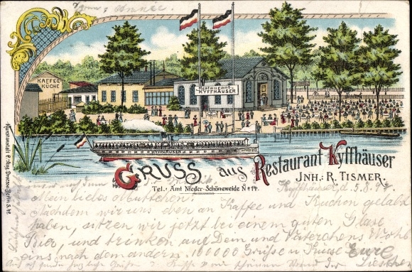 Chromo-Litho Berlin Treptow Niederschöneweide, Restaurant Kyffhäuser, owner R. Tismer, river steamer