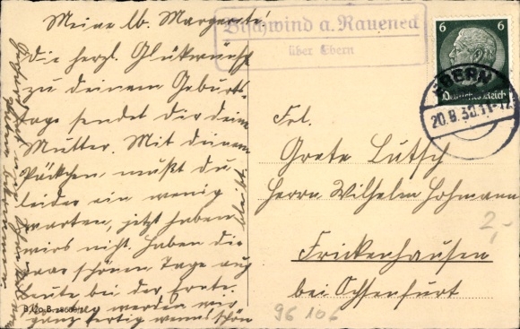Na wsi stempel pocztowy Bischwind a. Raueneck powyżej Ebern